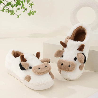 Cartoon Cow Plush Slippers – Warm Anti-Slip Indoor House Shoes for Women & Men