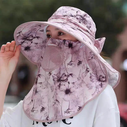 Women's Wide Brim Sun Hat with Detachable Face Mask – UV Protection