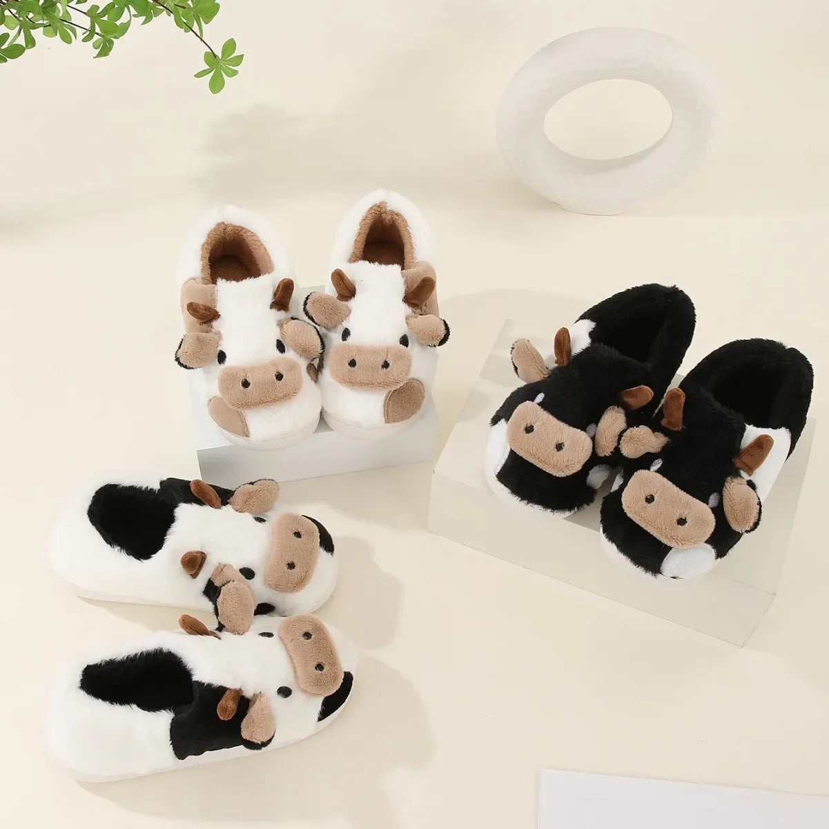Cartoon Cow Plush Slippers – Warm Anti-Slip Indoor House Shoes for Women & Men