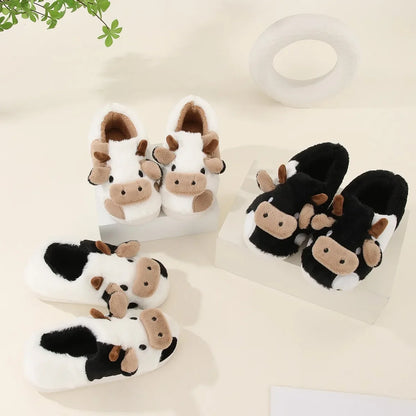 Cartoon Cow Plush Slippers – Warm Anti-Slip Indoor House Shoes for Women & Men