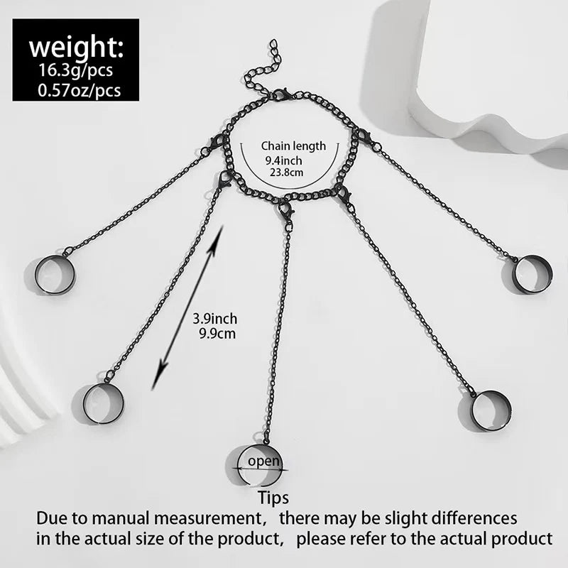 Obega Punk Geometric Chain Bracelet Ring – Open Link Ring for Women & Men | Silver & Black