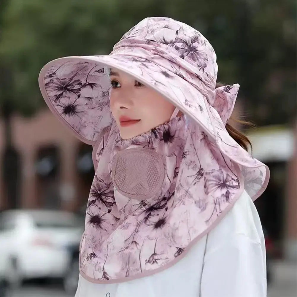 Women's Wide Brim Sun Hat with Detachable Face Mask – UV Protection