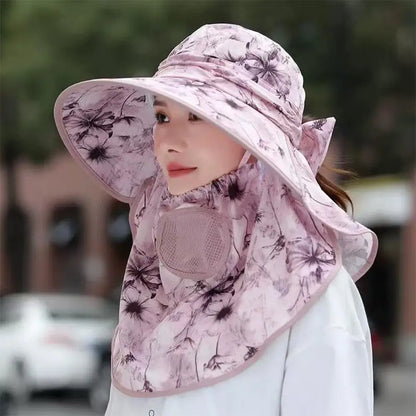 Women's Wide Brim Sun Hat with Detachable Face Mask – UV Protection