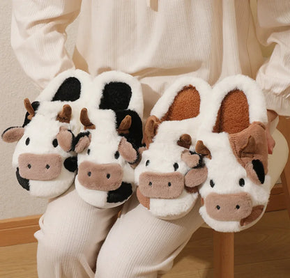 Cartoon Cow Plush Slippers – Warm Anti-Slip Indoor House Shoes for Women & Men