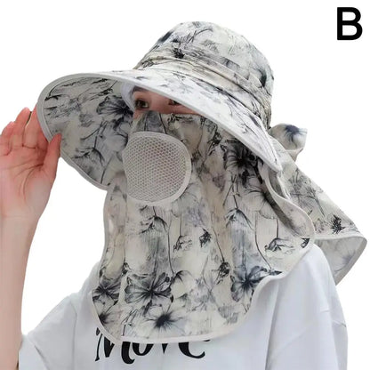 Women's Wide Brim Sun Hat with Detachable Face Mask – UV Protection