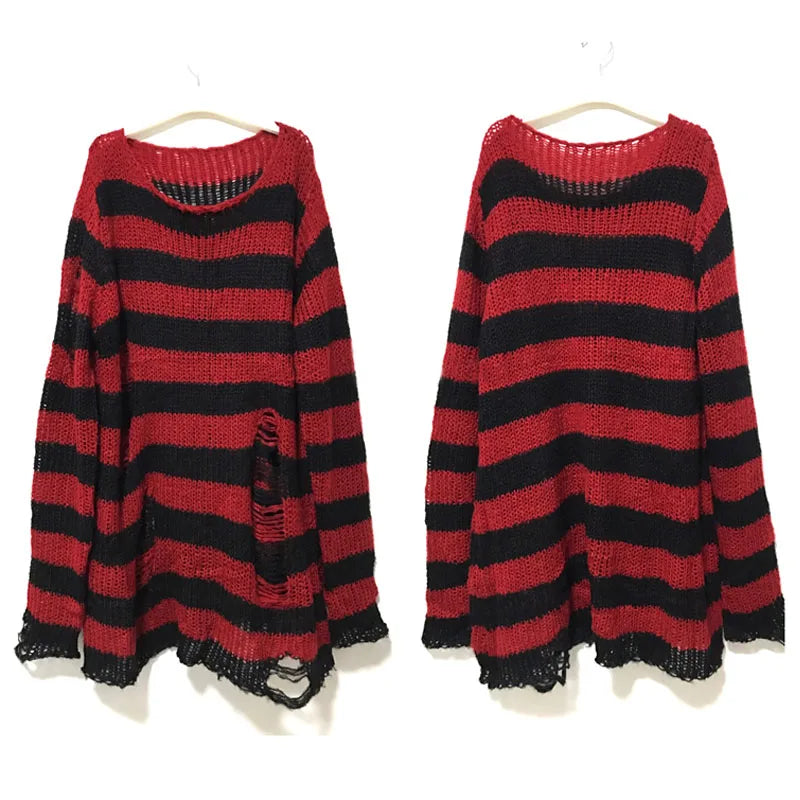 Women's Punk Gothic Hollow Out Sweater | Unisex Striped Loose Rock Dark Streetwear Top