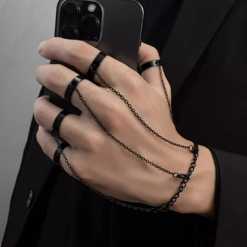 Obega Punk Geometric Chain Bracelet Ring – Open Link Ring for Women & Men | Silver & Black