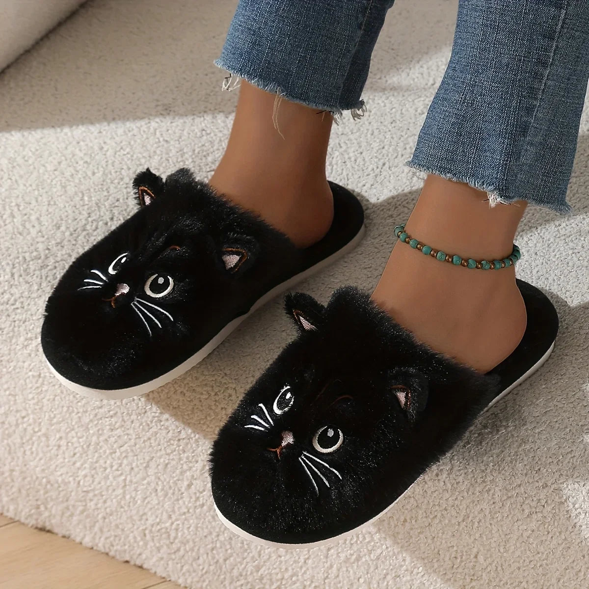 Plush Cat Slippers – Cozy Winter Indoor House Shoes with Non-Slip EVA Sole