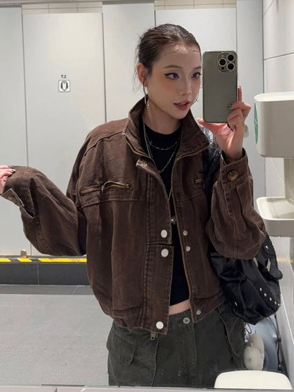Harajuku Safari Hooded Jacket – Y2K Streetwear Zip-Up Coat