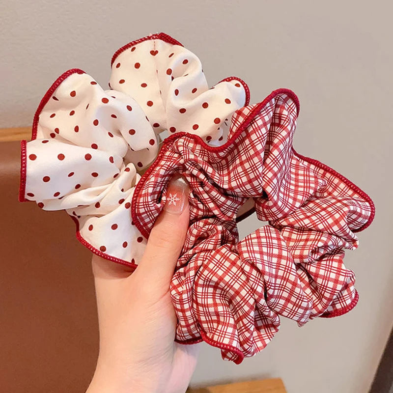Dot & Plaid Scrunchies for Women & Girls | Soft Elastic Hair Ties (2/3 Pack)