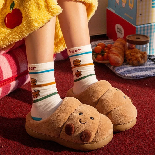 LORGL Croissant Fluffy Slippers – Unisex Winter House Shoes with Anti-Slip Sole