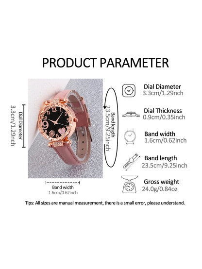 Women's 6PCS Fashion Quartz Watch & Bracelet Set | Pink Leather Band Analog Wristwatch Dress Set