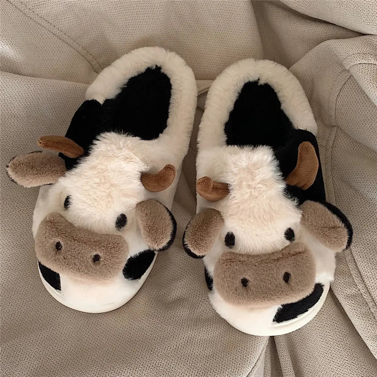 Cartoon Cow Plush Slippers – Warm Anti-Slip Indoor House Shoes for Women & Men