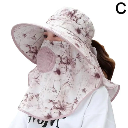 Women's Wide Brim Sun Hat with Detachable Face Mask – UV Protection