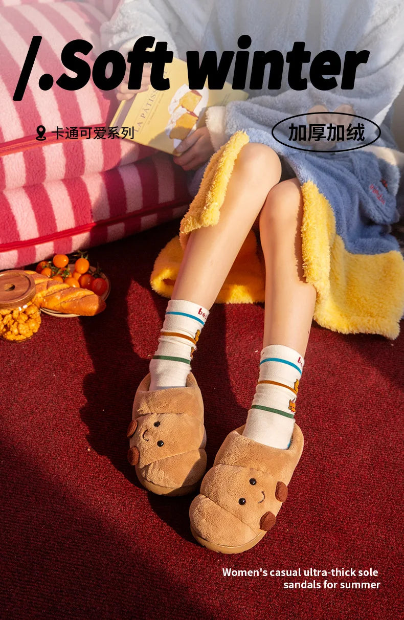 LORGL Croissant Fluffy Slippers – Unisex Winter House Shoes with Anti-Slip Sole