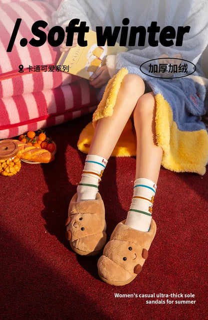 LORGL Croissant Fluffy Slippers – Unisex Winter House Shoes with Anti-Slip Sole
