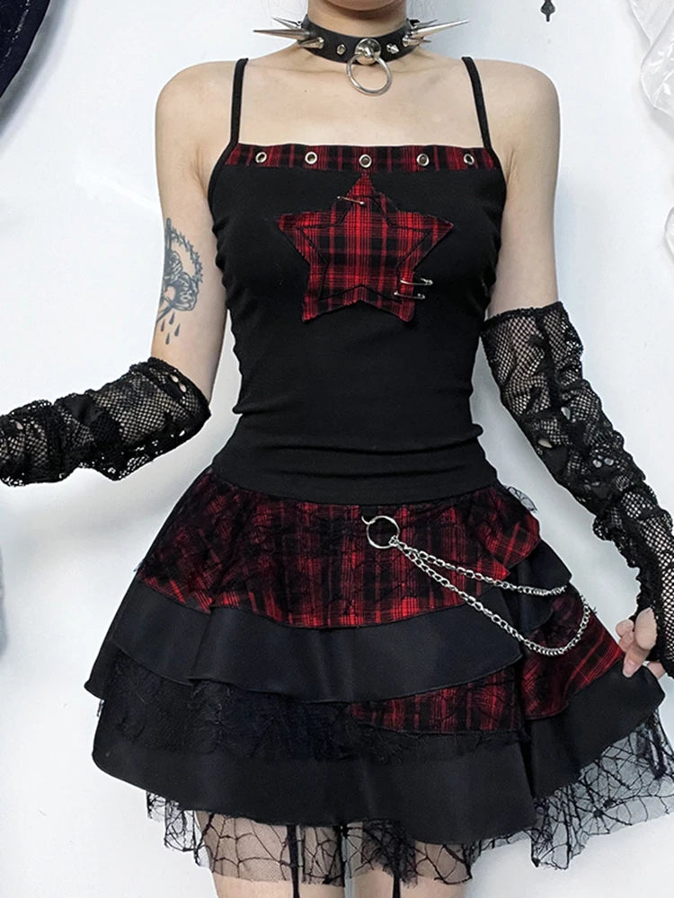 Women's AltGoth Y2K E-Girl Plaid Pentagram Crop Tank Top | Mall Gothic Cyber Punk Emo Grunge Cami