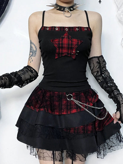 Women's AltGoth Y2K E-Girl Plaid Pentagram Crop Tank Top | Mall Gothic Cyber Punk Emo Grunge Cami