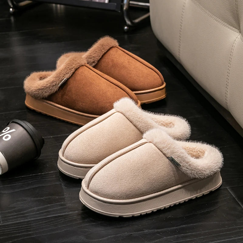 Fluffy Faux Suede Indoor Slippers – Thick EVA Sole Anti-Slip Unisex House Shoes