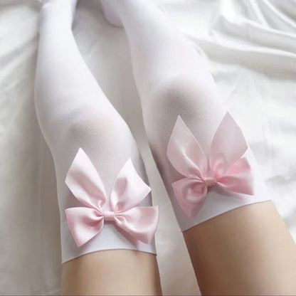 Women's Sweet Lace Over-Knee Stockings | Big Pink Bowknot Thigh High Sexy Lingerie Stockings