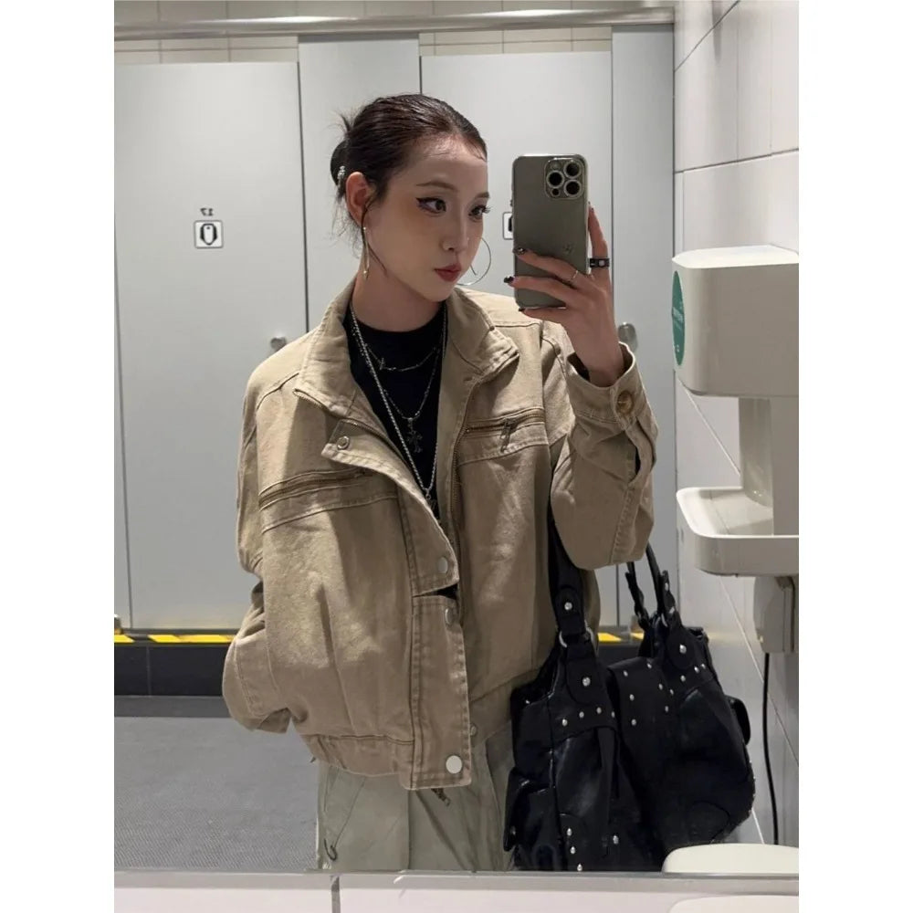 Harajuku Safari Hooded Jacket – Y2K Streetwear Zip-Up Coat