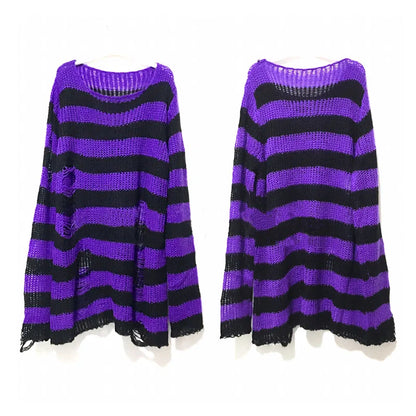 Women's Punk Gothic Hollow Out Sweater | Unisex Striped Loose Rock Dark Streetwear Top