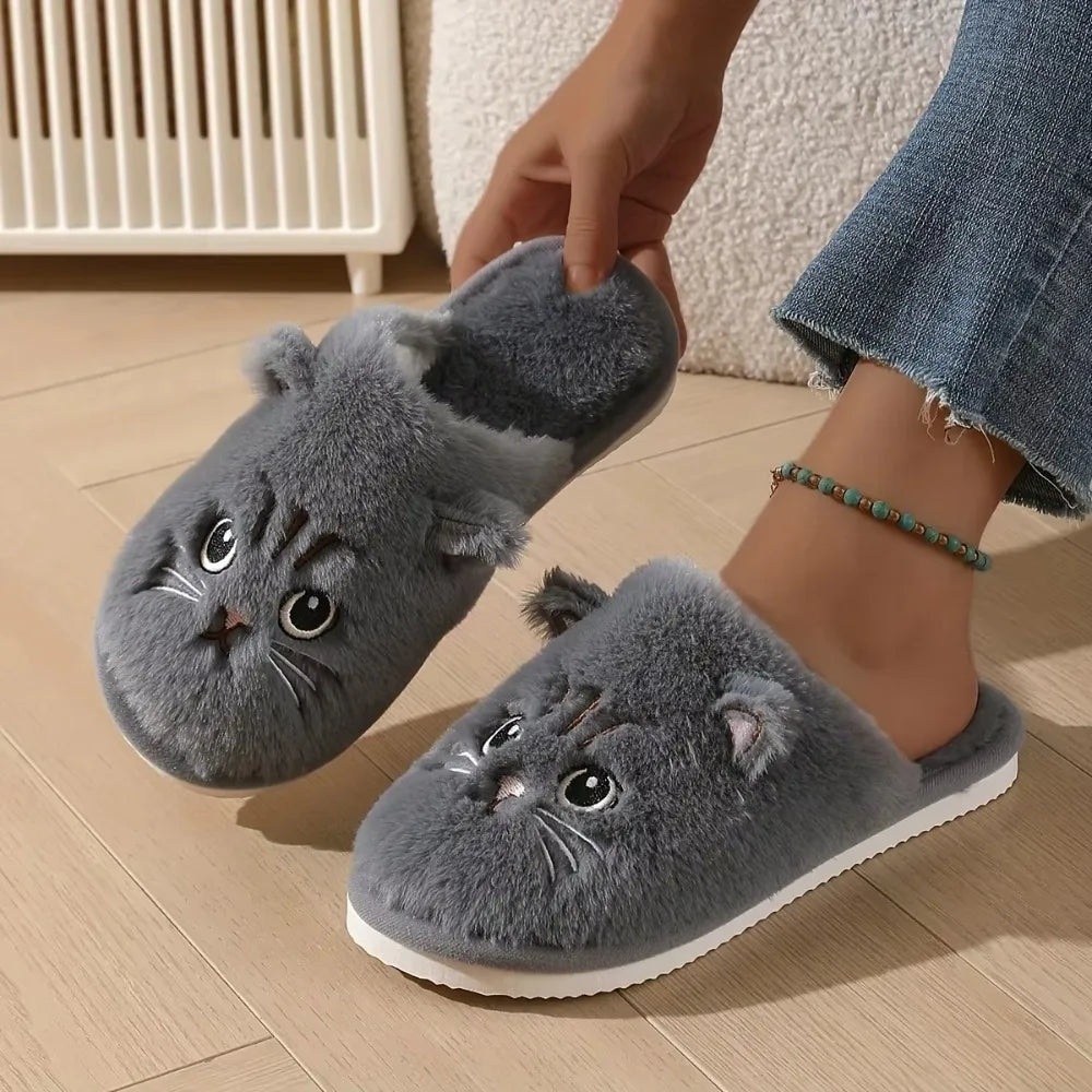Plush Cat Slippers – Cozy Winter Indoor House Shoes with Non-Slip EVA Sole