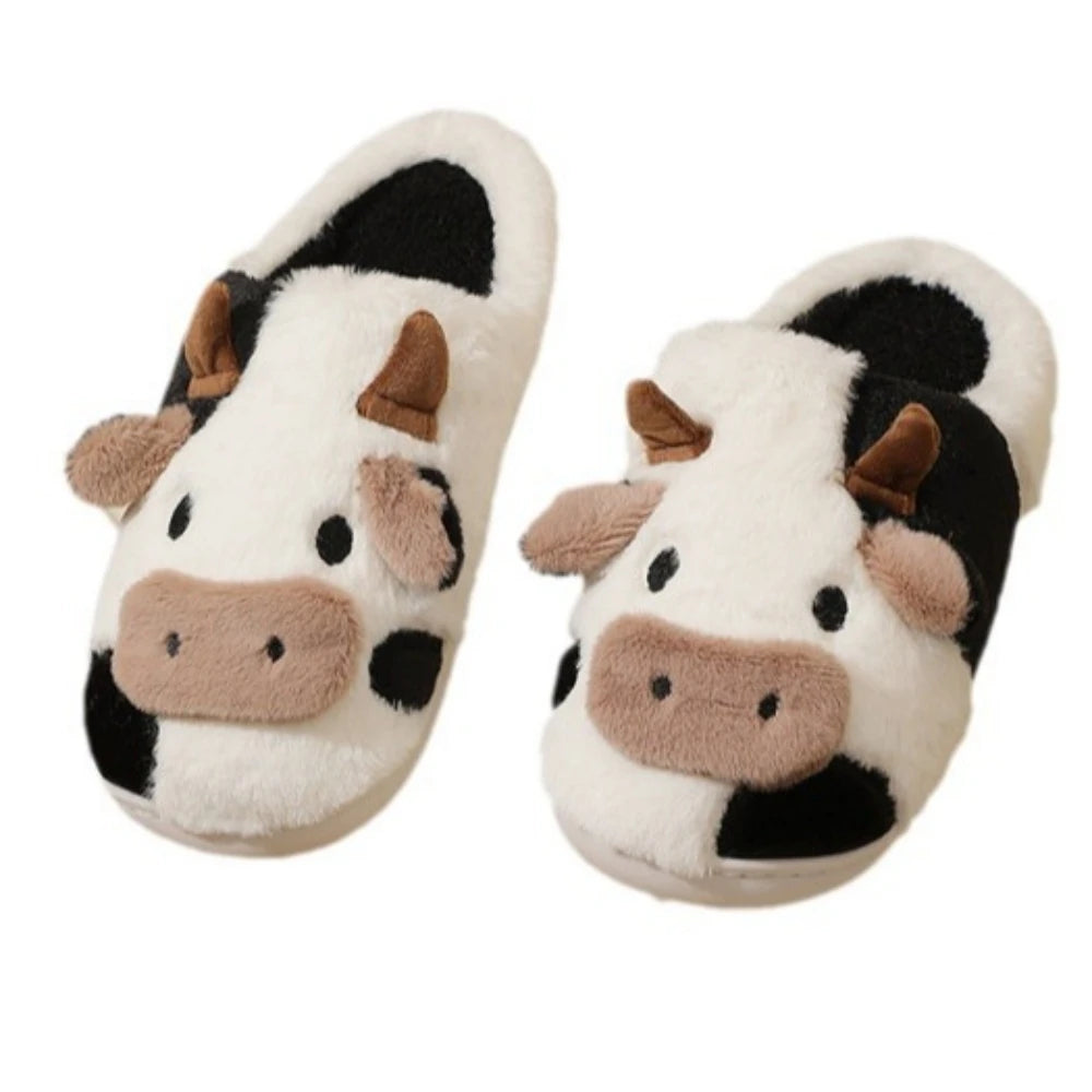 Cartoon Cow Plush Slippers – Warm Anti-Slip Indoor House Shoes for Women & Men