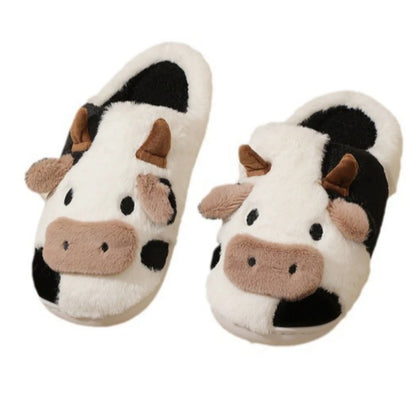 Cartoon Cow Plush Slippers – Warm Anti-Slip Indoor House Shoes for Women & Men