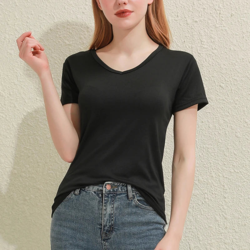 Women's Solid Cotton V-Neck T-Shirt | Short Sleeve Slim Casual Tee in White & Black