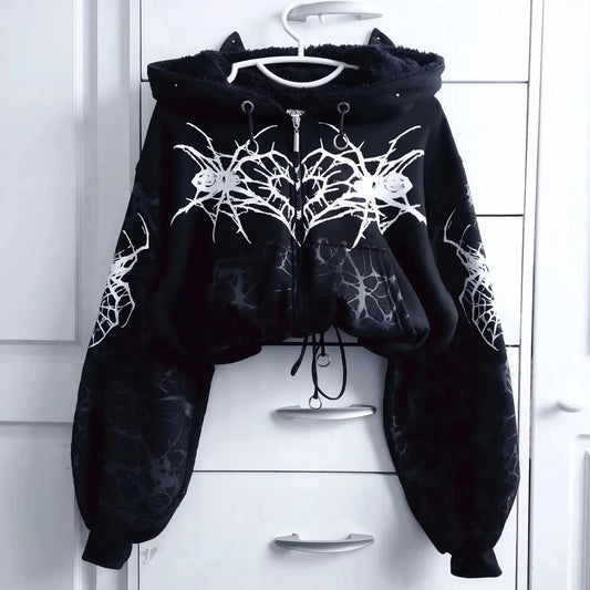Y2K Punk Rock Zip-Up Hoodie – Harajuku Grunge Loose Fleece Sweatshirt