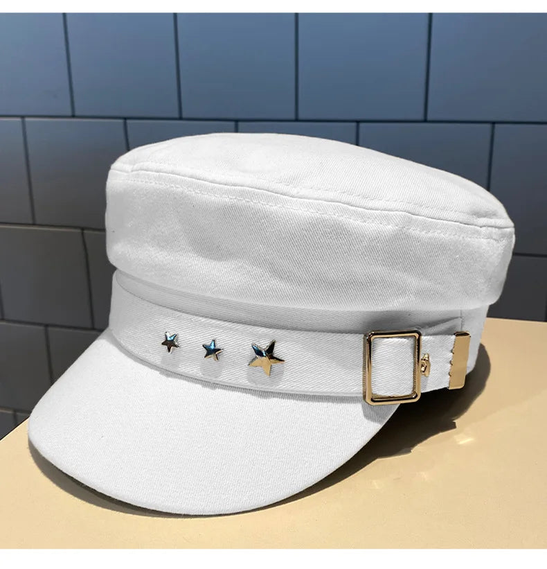 Women's Black Star Beret | British Retro Military Style Korean Fashion Cap for Spring, Autumn & Winter