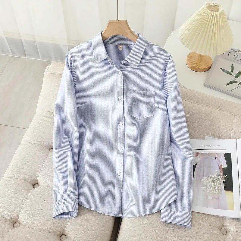 Women's Casual Cotton Oxford Shirt | Autumn Striped Blue & White Blouse & Top - G - Catoure Women's Casual Cotton Oxford Shirt | Autumn Striped Blue & White Blouse & Top