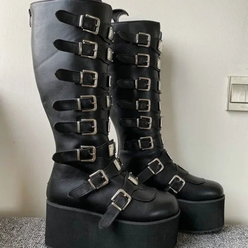 Women's Gothic Platform Wedge Mid - Calf Boots – Buckle Strap PU Leather | EU 35–43, 3 Colors - G - Catoure Women's Gothic Platform Wedge Mid - Calf Boots – Buckle Strap PU Leather | EU 35–43, 3 Colors Women's Boots