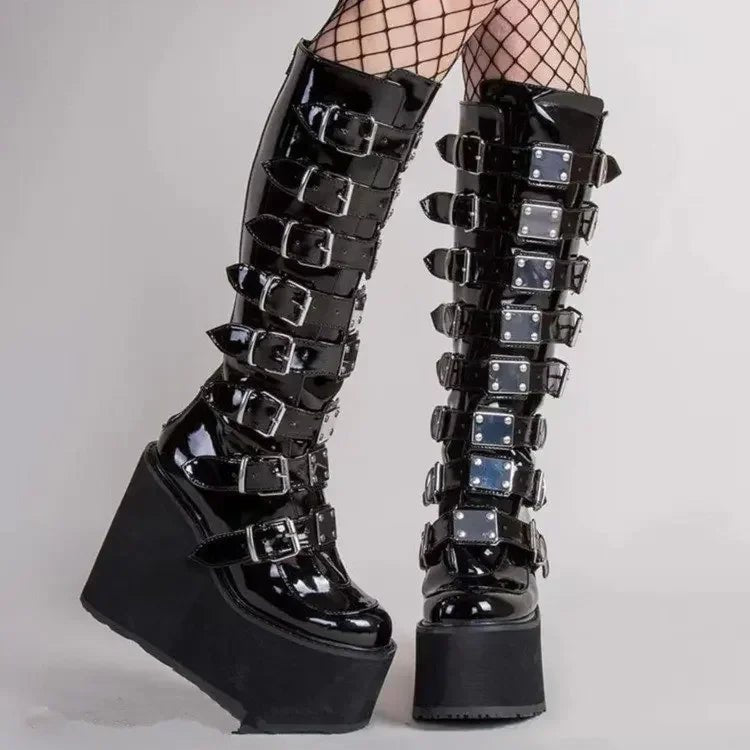Women's Gothic Platform Wedge Mid - Calf Boots – Buckle Strap PU Leather | EU 35–43, 3 Colors - G - Catoure Women's Gothic Platform Wedge Mid - Calf Boots – Buckle Strap PU Leather | EU 35–43, 3 Colors Women's Boots