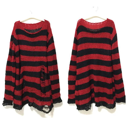 Women's Punk Gothic Hollow Out Sweater | Unisex Striped Loose Rock Dark Streetwear Top - G - Catoure Women's Punk Gothic Hollow Out Sweater | Unisex Striped Loose Rock Dark Streetwear Top