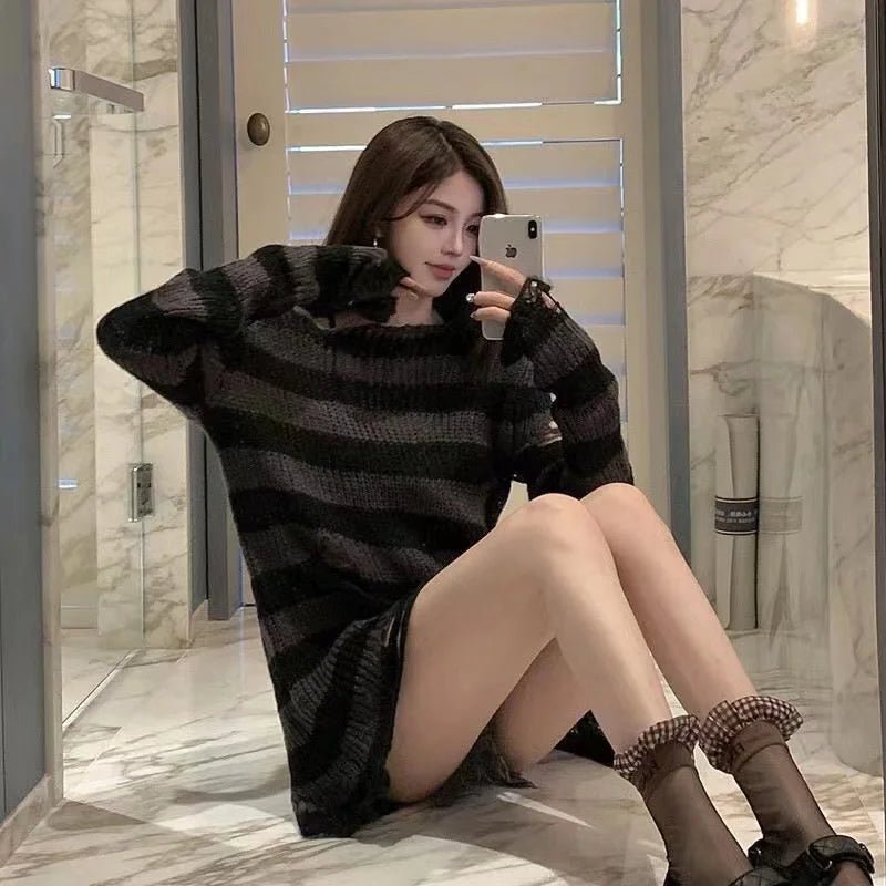 Women's Punk Gothic Hollow Out Sweater | Unisex Striped Loose Rock Dark Streetwear Top - G - Catoure Women's Punk Gothic Hollow Out Sweater | Unisex Striped Loose Rock Dark Streetwear Top